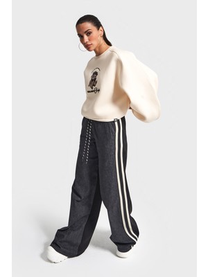 It's Basic Kadın Bej Siyah Kot Rengi W5-105 Tasarım Sweatshirt Pantolon 2'li Kombin Takım