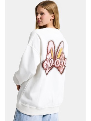 It's Basic Kadın Beyaz W5 Oversize Baskılı %100 Koton Organik Kumaş Sweatshirt