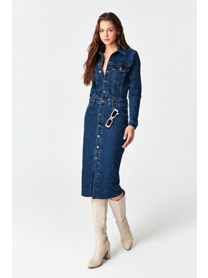 It's Basic Kadın Koyu Mavi Renk Önü Düğmeli Uzun Denim Elbise