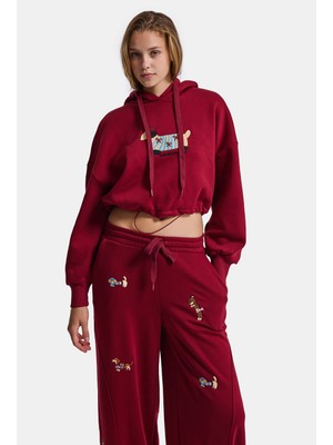 It's Basic Kadın Bordo W6-35 Sweatshirt Eşofman Pantolon 2'li Nakış Figürlü Tasarım Takım