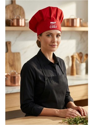 Beyaz Best Chef Baskılı Kırmızı Şef Aşçı Şapkası, Mantar Kep