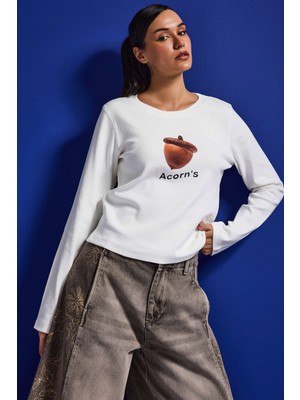 It's Basic Kadın Beyaz W5 Oversize Baskılı %100 Pamuk Sweatshirt