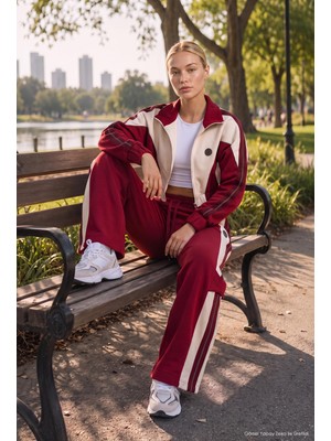 It's Basic Kadın Bordo Bej W6-35 Crop Sweatshirt Eşofman Pantolon 2'li Tasarım Takım
