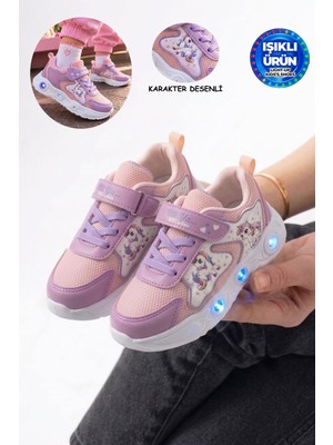 Albishoes Kız Çocuk Uncorn Desen Işıklı Rahat Hafif Mevsimlik Cilt Okul Günlük Sneaker Spor Ayakkabı