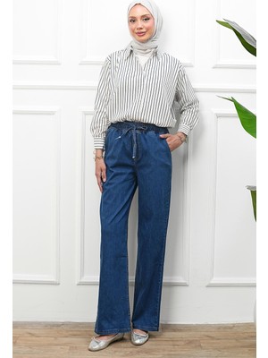 İmaj Butik Lacivert Bel Lastikli Geniş Paça Kot Pantolon