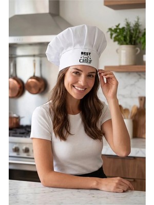Beyaz Şapka Siyah Best Chef Baskılı Şef Aşçı Şapkası, Mantar Kep