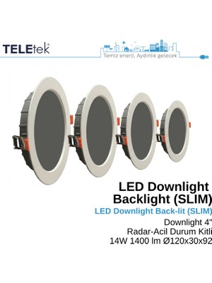 Teletek 14W LED Downlight 4 Radar+Acil Durum Kitli Backlight Slim Yuvarlak Beyaz Işık  Spot Sıva Altı Panel Armatür , IP44 Ince Kasa Spot Aydınlatma