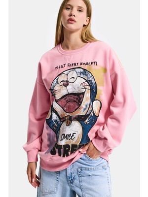 It's Basic Kadın Pembe W5 Oversize Baskılı %100 Koton Organik Kumaş Sweatshirt