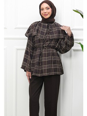İmaj Butik Kahverengi Yaka Pelerinli Ekose Tunik