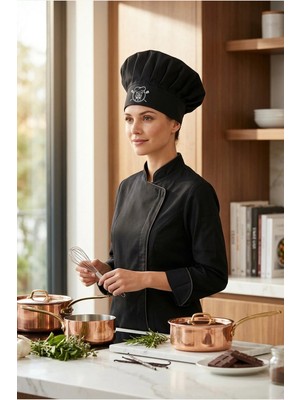 Mrs Chef Baskılı Ayarlanabilir Cırtlı Siyah Aşçı Şapkası