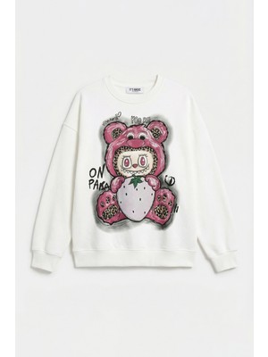It's Basic Kadın Beyaz W5 Oversize Baskılı %100 Koton Organik Kumaş Sweatshirt