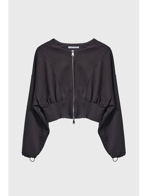 It's Basic Kadın Siyah Renk W5-1 Bol Kesim Örme Esnek Kumaş Oversize Fermuarlı Sweatshirt