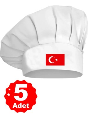 5li Beyaz Üzeri Türk Bayrağı Baskılı Şef Aşçı Şapkası Mantar Kep