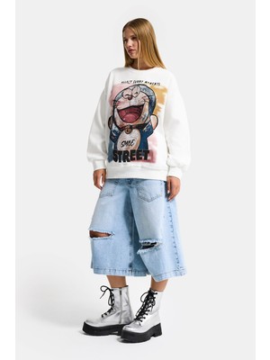 It's Basic Kadın Beyaz W5 Oversize Baskılı %100 Koton Organik Kumaş Sweatshirt