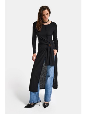 It's Basic Kadın Siyah W5 Maxi Boy %100 Organik Kumaş Tasarım Belden Bağlamalı Tunik