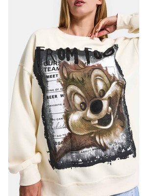 It's Basic Kadın Ekru W5 Oversize Baskılı %100 Koton Organik Kumaş Sweatshirt