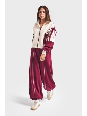 It's Basic Kadın Ekru Bordo Renk W5-35 Örme Kumaş Tasarım Alt Üst 2'li Kombin Eşofman Takım
