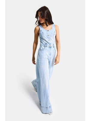 It's Basic Kadın Ice 4s6-3 Palazzo Fit %100 Koton Denim Slopet Tulum