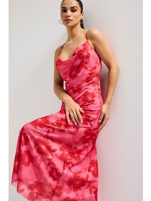 It's Basic Kadın Pembe Baskılı S6 Çiçek Desen-5 Maxi Boy Özel Tasarım Elastan Elbise