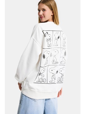 It's Basic Kadın Beyaz W5 Oversize Baskılı %100 Koton Organik Kumaş Sweatshirt