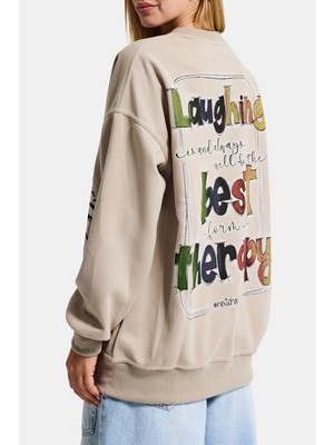 It's Basic Kadın Ekru Bej W5 Oversize Baskılı %100 Koton Organik Kumaş Sweatshirt