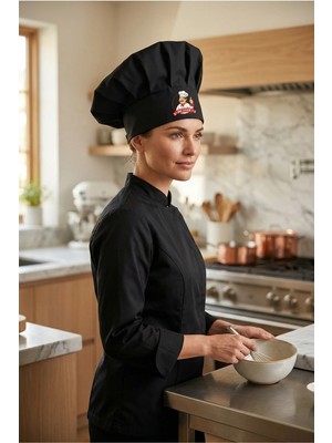 Mr. Chef Logo Baskılı Siyah Şef Aşçı Şapkası, Mantar Kep