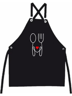 Siyah Kombin Masterchef Önlük ,çatal Kaşık Kalpli Baskılı Önlük