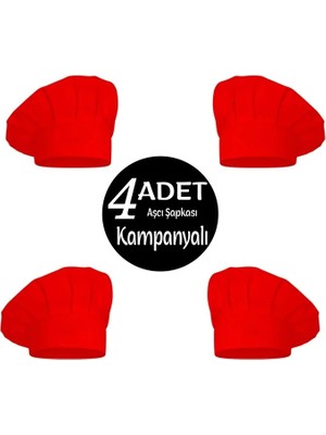 4lü Kırmızı Chef Baskılı Ayarlanabilir Aşçı Şapkası- Chef Baskılı Şapka
