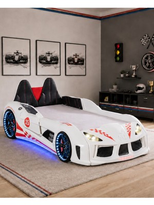 Setay Arabalı Yatak, Raceing Car V8 Full Ledli Koltuklu Arabalı Yatak 100X190 cm