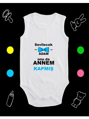 Pamuklu Sevilecek Tek Adam Var Annem Kapmış Baskılı Penye Bebek Body Çıtçıtlı Badi Zıbın ASQ125