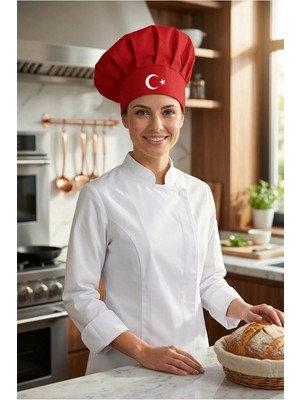 Kırmızı Üzeri Beyaz Çatal Kaşık Logo Baskılı Şef Aşçı Şapkası, Mantar Kep