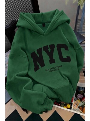 Oksit Nyc Baskılı Unisex Kapüşonlu Kanguru Cep Sweatshirt