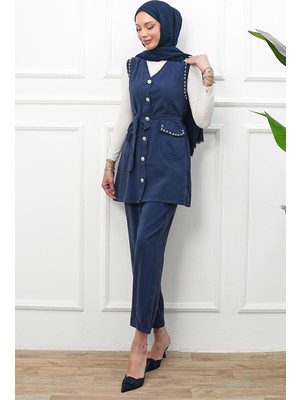 İmaj Butik Lacivert Boncuk Detaylı Yelek Pantolonlu Takım