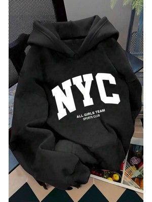 Oksit Nyc Baskılı Unisex Kapüşonlu Kanguru Cep Sweatshirt