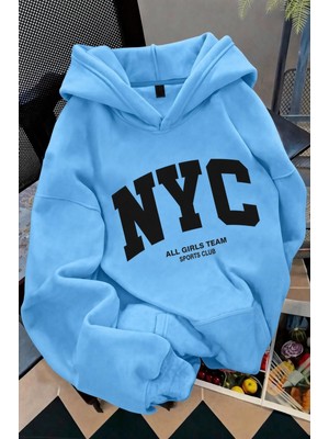Oksit Nyc Baskılı Unisex Kapüşonlu Kanguru Cep Sweatshirt