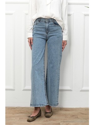 İmaj Butik Buz  Mavi Yüksek Bel Ispanyol Paça Jeans Pantolon