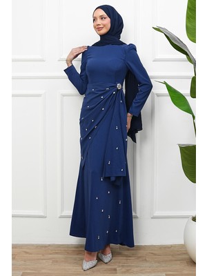 İmaj Butik Lacivert Bel Detaylı Taşlı Abiye