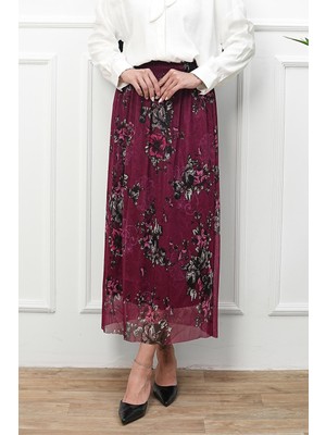 İmaj Butik Mürdüm Bel Lastikli Çiçek Desenli Şifon Etek