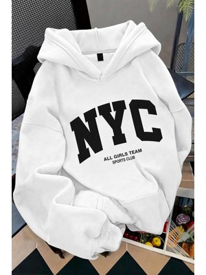 Oksit Nyc Baskılı Unisex Kapüşonlu Kanguru Cep Sweatshirt