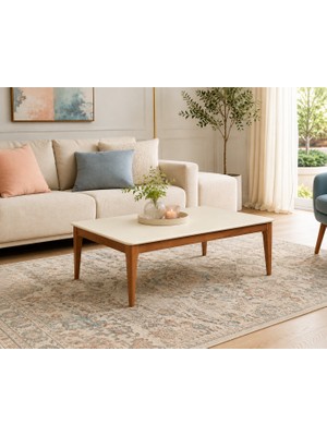 Fami Home Porto Krem Orta Sehpa Ceviz Ahşap Ayaklı Modern Salon Sehpası