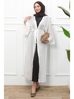 İmaj Butik Ekru Bel Bağlamalı Uzun Kimono