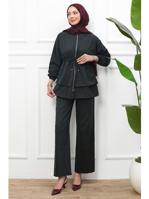 İmaj Butik Siyah Fermuarlı Bel Ip Bağlamalı Ceket Pantolonlu Takım