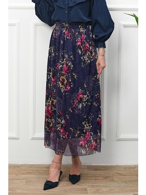 İmaj Butik Mor Bel Lastikli Çiçek Desenli Şifon Etek