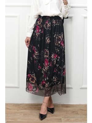 İmaj Butik Siyah Bel Lastikli Çiçek Desenli Şifon Etek