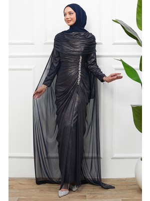 İmaj Butik Lacivert Pelerinli Önü Büzgü Taşlı Abiye