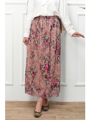 İmaj Butik Pudra Bel Lastikli Çiçek Desenli Şifon Etek