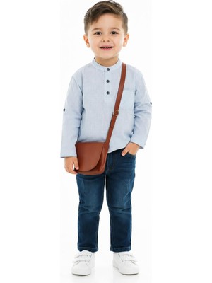 Güler Butik Erkek Çocuk Hakim Yaka Çizgili Gömlek Jeanpantolon Çantalı Takım Şık Kombin Günlük Özel Gün 4'lü Set
