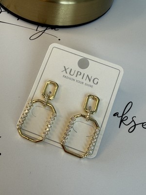 Xuping Jewelry Xupıng Gold Geometrik Çift Dikdörtgen Taşlı Sallantılı Küpe