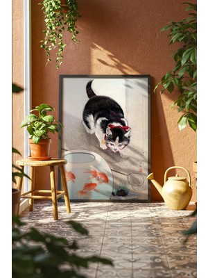 Lia Gallery Cat And Bowl Of Goldfish - Ohara Koson - Çerçeveli Poster