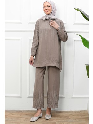 İmaj Butik Vizon Yaka Fermuarlı Taş Detaylı Tunik Pantolonlu Takım